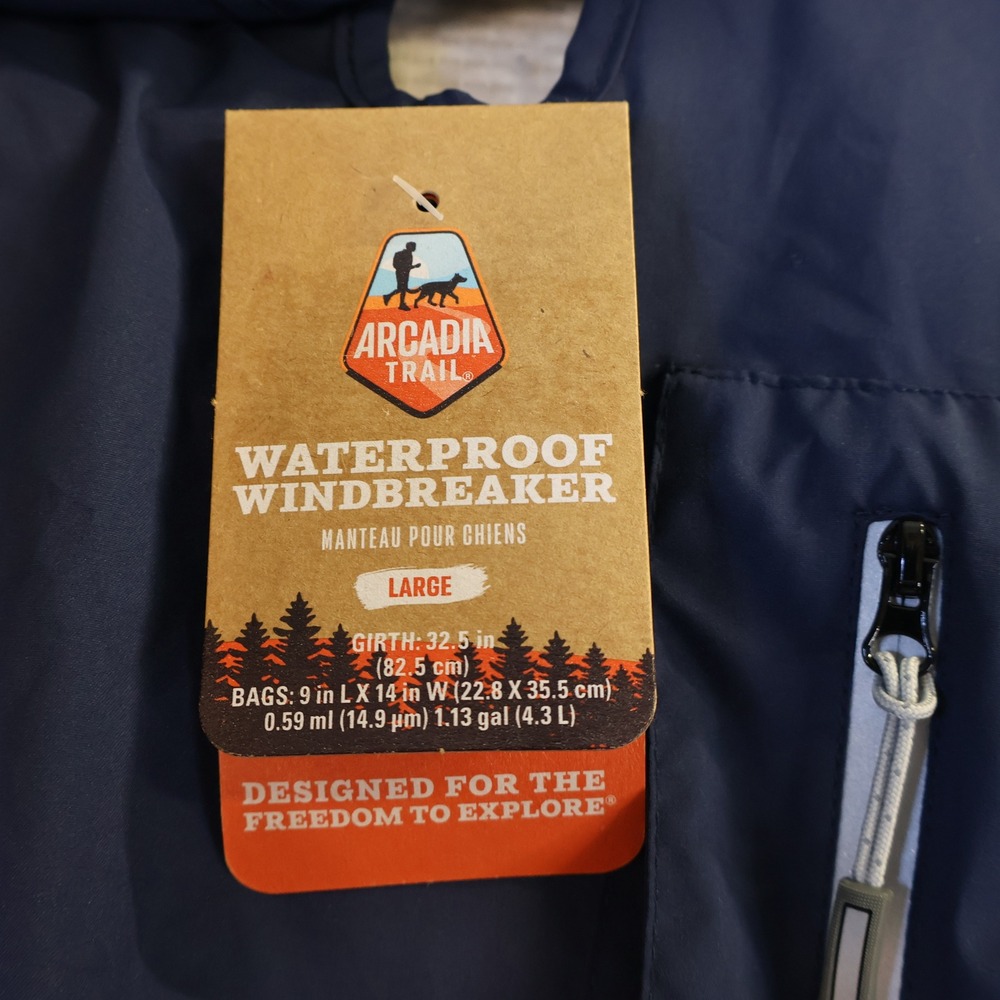 Arcadia Trail Dog Lrg Waterproof Windbreaker Navy Blue Hooded Mesh Lined Jacket - Picture 5 of 8
